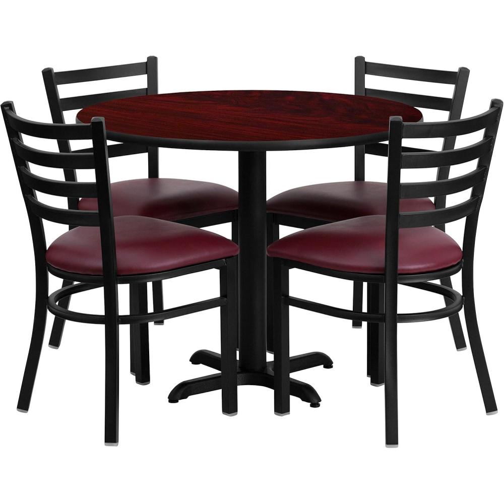 image:imageFlash Furniture Carlton 36 Round Mahogany Laminate Table Set with XBase and 4 Ladder Back Metal Chairs  Burgundy Vinyl SeatMahogany TopBurgundy Vinyl Seat