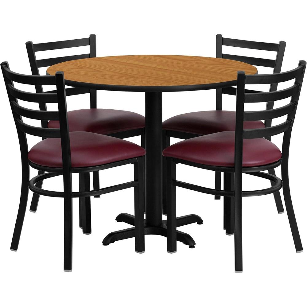 image:imageFlash Furniture Carlton 36 Round Mahogany Laminate Table Set with XBase and 4 Ladder Back Metal Chairs  Burgundy Vinyl SeatNatural TopBurgundy Vinyl Seat