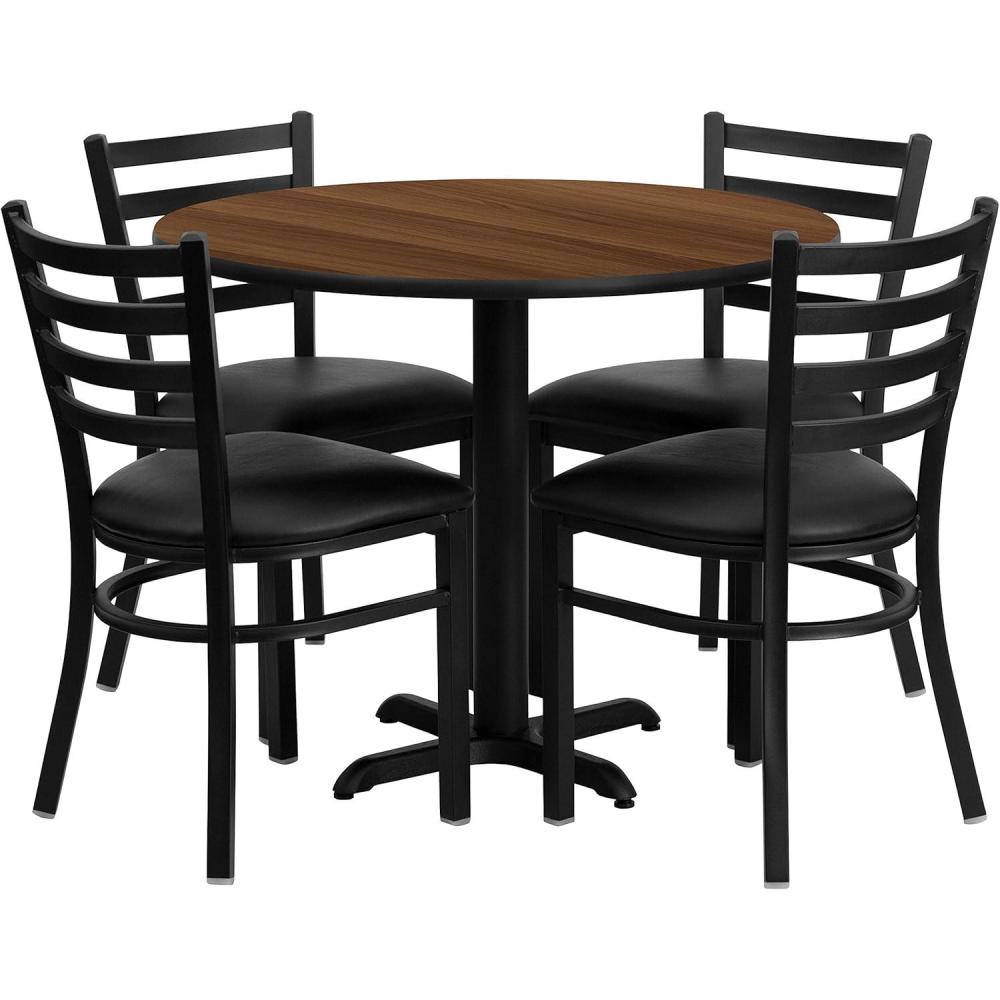 image:imageFlash Furniture Carlton 36 Round Mahogany Laminate Table Set with XBase and 4 Ladder Back Metal Chairs Burgundy Vinyl SeatWalnut TopBlack Vinyl Seat