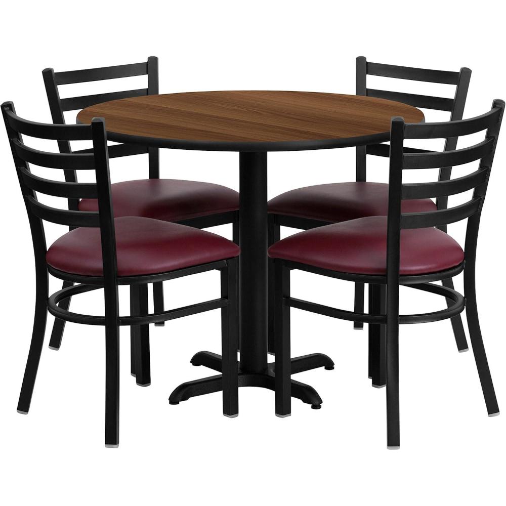 image:imageFlash Furniture Carlton 36 Round Mahogany Laminate Table Set with XBase and 4 Ladder Back Metal Chairs  Burgundy Vinyl SeatWalnut TopBurgundy Vinyl Seat