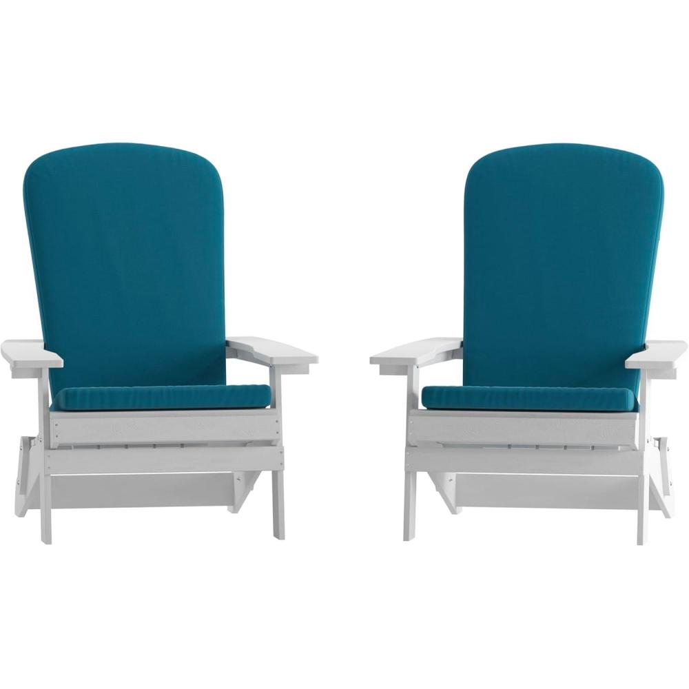 image:imageFlash Furniture Charlestown Folding Adirondack Chairs Poly Resin FrameAllWeather CushionsIndoorOutdoor Use Set of 2 WhiteTealWhiteTeal