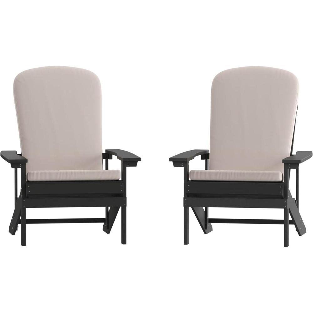 image:imageFlash Furniture Charlestown Set of 2 Adirondack Chairs with Cushions  Slate Gray Poly Resin Frame  Cream AllWeather Cushions  IndoorOutdoor UseSlate GrayCream