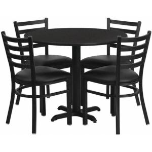 Flash Furniture Carlton 36” Round Mahogany Laminate Table Set with X-Base and 4 Ladder Back Metal Chairs – Burgundy Vinyl Seat(Black Top/Black Vinyl Seat)