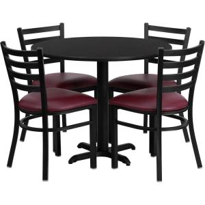 Flash Furniture Carlton 36” Round Mahogany Laminate Table Set with X-Base and 4 Ladder Back Metal Chairs – Burgundy Vinyl Seat(Black Top/Burgundy Vinyl Seat)