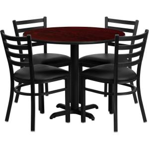 Flash Furniture Carlton 36” Round Mahogany Laminate Table Set with X-Base and 4 Ladder Back Metal Chairs – Burgundy Vinyl Seat(Mahogany Top/Black Vinyl Seat)