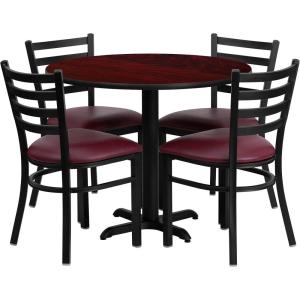 Flash Furniture Carlton 36” Round Mahogany Laminate Table Set with X-Base and 4 Ladder Back Metal Chairs – Burgundy Vinyl Seat(Mahogany Top/Burgundy Vinyl Seat)