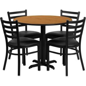 Flash Furniture Carlton 36” Round Mahogany Laminate Table Set with X-Base and 4 Ladder Back Metal Chairs – Burgundy Vinyl Seat(Natural Top/Black Vinyl Seat)