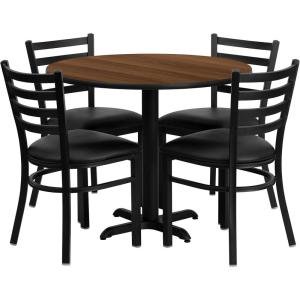 Flash Furniture Carlton 36” Round Mahogany Laminate Table Set with X-Base and 4 Ladder Back Metal Chairs – Burgundy Vinyl Seat(Walnut Top/Black Vinyl Seat)