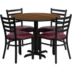 Flash Furniture Carlton 36” Round Mahogany Laminate Table Set with X-Base and 4 Ladder Back Metal Chairs – Burgundy Vinyl Seat(Walnut Top/Burgundy Vinyl Seat)