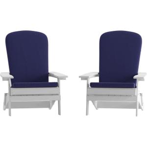 Flash Furniture Charlestown Folding Adirondack Chairs Poly Resin Frame-All-Weather Cushions-Indoor/Outdoor Use, Set of 2, White/Teal(White/Blue)