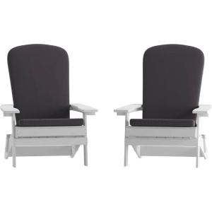 Flash Furniture Charlestown Folding Adirondack Chairs Poly Resin Frame-All-Weather Cushions-Indoor/Outdoor Use, Set of 2, White/Teal(White/Gray)