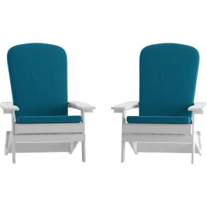 Flash Furniture Charlestown Folding Adirondack Chairs Poly Resin Frame-All-Weather Cushions-Indoor/Outdoor Use, Set of 2, White/Teal(White/Teal)