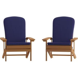 Flash Furniture Charlestown Set of 2 Adirondack Chairs with Cushions – Slate Gray Poly Resin Frame – Cream All-Weather Cushions – Indoor/Outdoor Use(Teak/Blue)