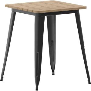 Flash Furniture Declan Commercial Outdoor Dining Table, All Weather Poly Resin Top with Steel Base, 23.75″ Square, Brown/Silver(Brown Top/Black Frame)