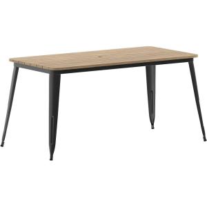 Flash Furniture Declan Commercial Outdoor Dining Table with Umbrella Hole, All Weather Poly Resin Top and Steel Base, 30″ x 60″, Brown/Silver(Brown/Black)