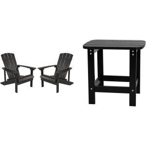 Flash Furniture Set of 2 Slate Gray Poly Resin Adirondack Chairs and Black Poly Resin Adirondack Side Table – All Weather Indoor/Outdoor