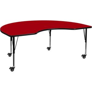 Flash Furniture Mobile 48”W x 72”L Kidney Oak Thermal Laminate Activity Table – Height Adjustable Short Legs(Red)