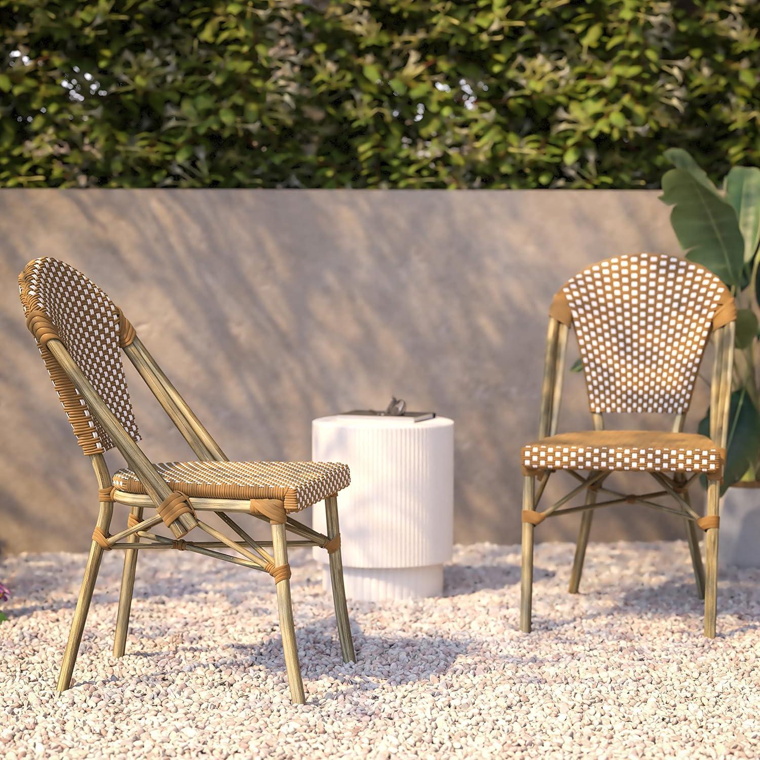 image:imageFlash Furniture Lourdes Set of 2 IndoorOutdoor Commercial Bistro Stack Chairs WhiteGray PE Rattan Back and Seat Natural Bamboo Print Aluminum FrameNatural WhiteLight Natural Frame