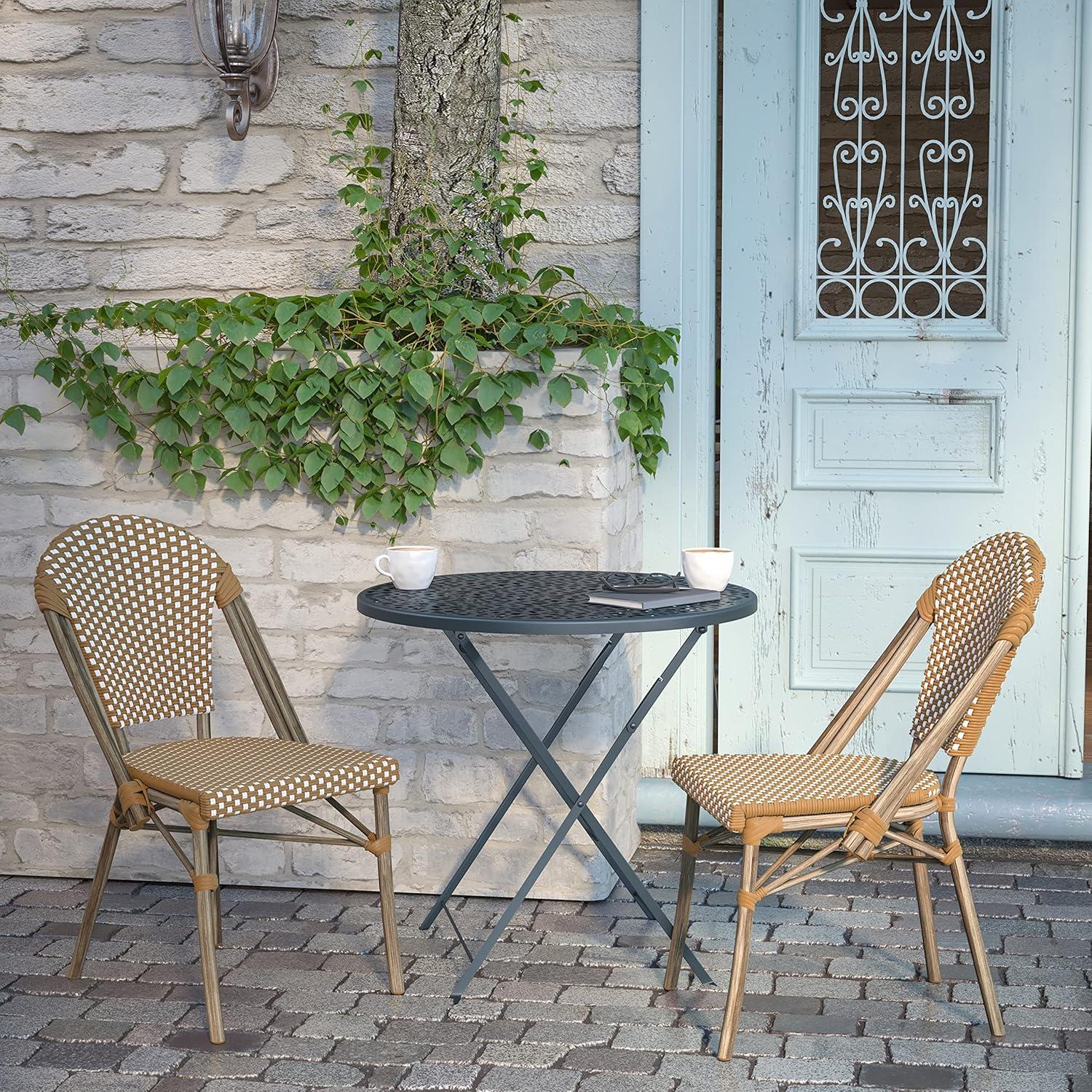 image:imageFlash Furniture Lourdes Set of 2 IndoorOutdoor Commercial Bistro Stack Chairs WhiteGray PE Rattan Back and Seat Natural Bamboo Print Aluminum FrameNatural WhiteLight Natural Frame