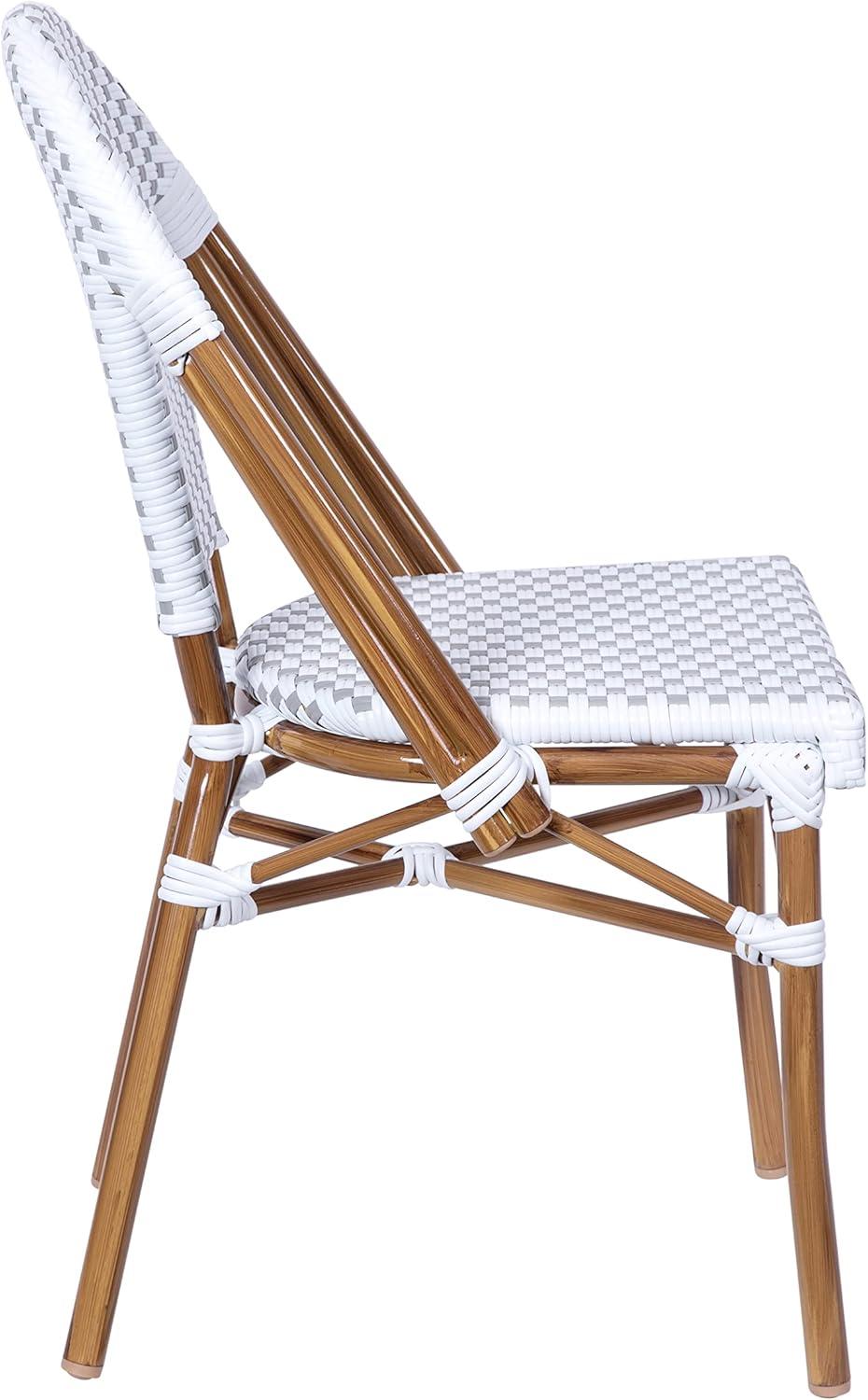 image:imageFlash Furniture Lourdes Set of 2 IndoorOutdoor Commercial Bistro Stack Chairs WhiteGray PE Rattan Back and Seat Natural Bamboo Print Aluminum FrameWhite GrayNatural Frame