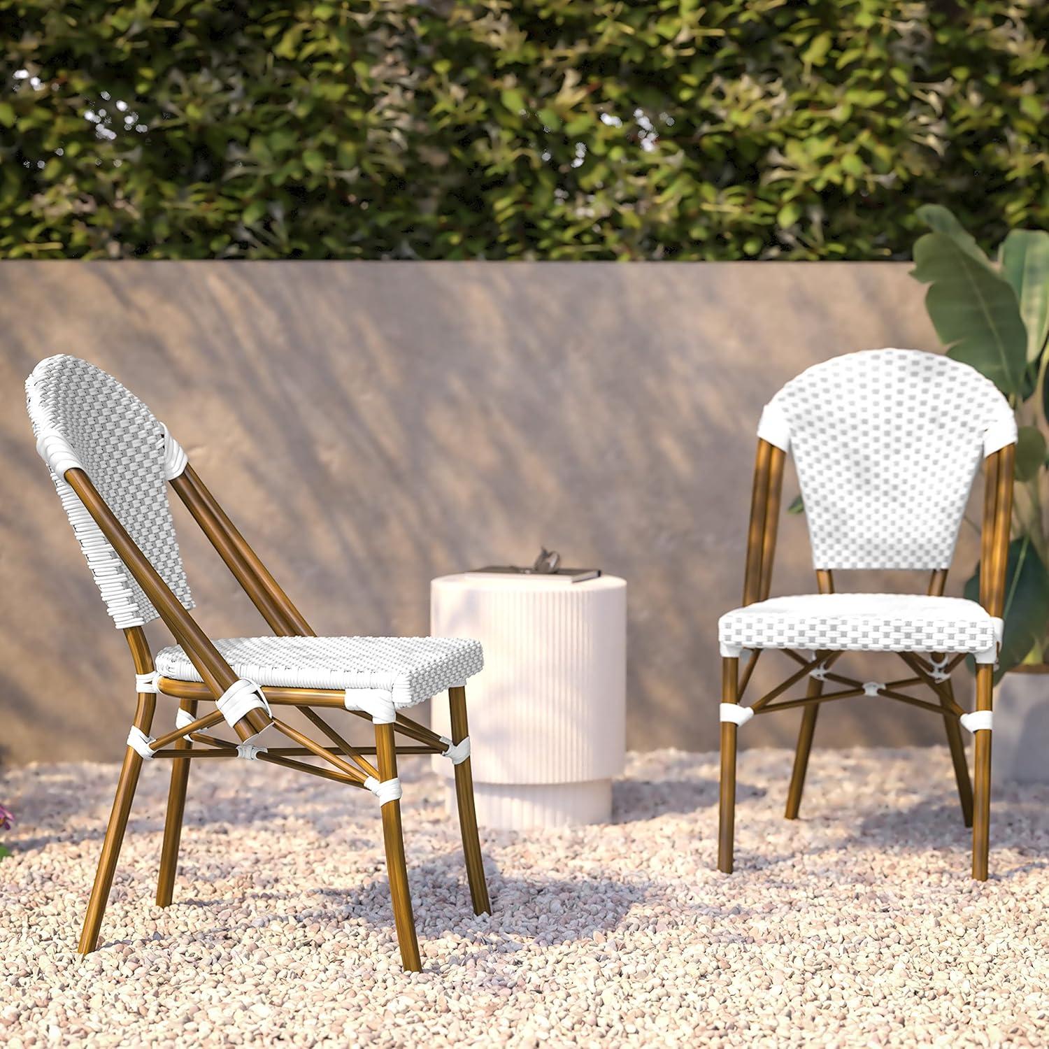 image:imageFlash Furniture Lourdes Set of 2 IndoorOutdoor Commercial Bistro Stack Chairs WhiteGray PE Rattan Back and Seat Natural Bamboo Print Aluminum FrameWhite GrayNatural Frame