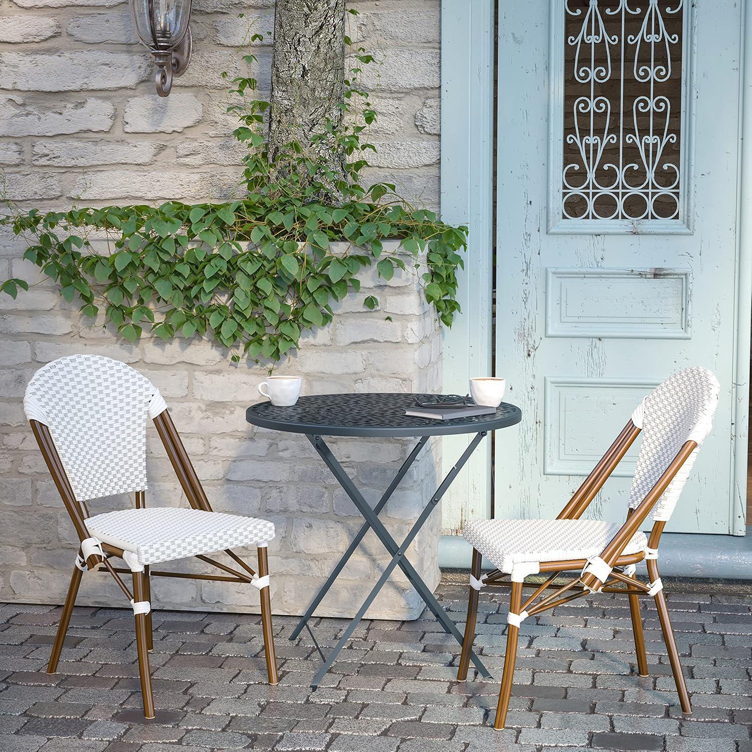 image:imageFlash Furniture Lourdes Set of 2 IndoorOutdoor Commercial Bistro Stack Chairs WhiteGray PE Rattan Back and Seat Natural Bamboo Print Aluminum FrameWhite GrayNatural Frame