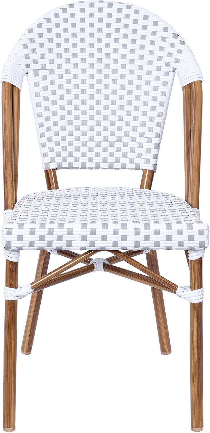 image:imageFlash Furniture Lourdes Set of 2 IndoorOutdoor Commercial Bistro Stack Chairs WhiteGray PE Rattan Back and Seat Natural Bamboo Print Aluminum FrameWhite GrayNatural Frame