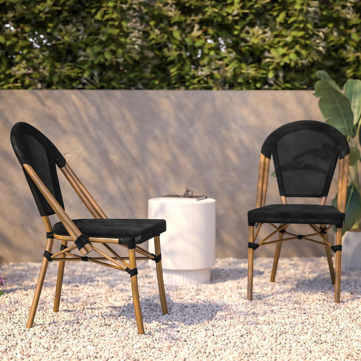image:imageFlash Furniture Marseille 2 Pack IndoorOutdoor Commercial Bistro Stack Chairs BlackWhite Textilene Back amp Seat Light Natural Bamboo Print Aluminum FrameBlackNatural Frame
