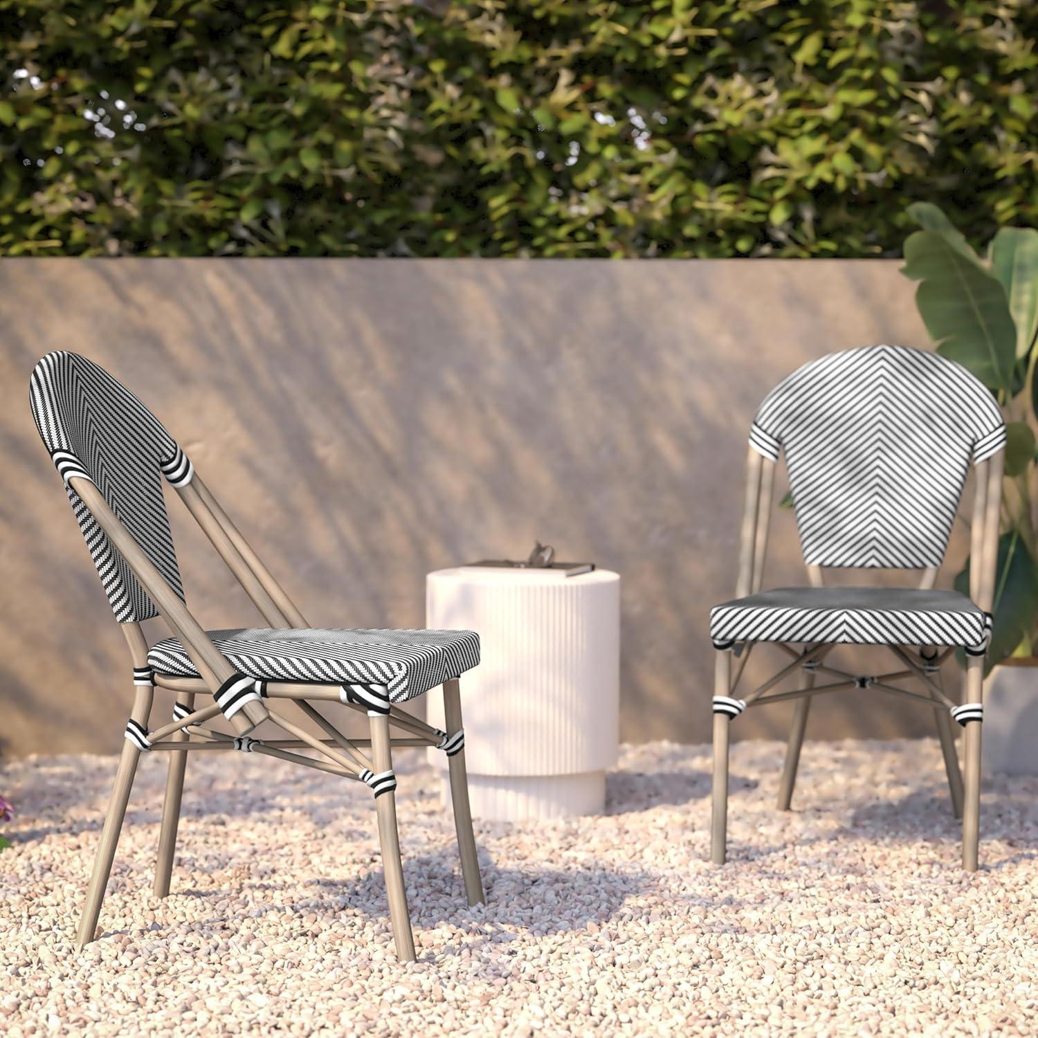 image:imageFlash Furniture Marseille 2 Pack IndoorOutdoor Commercial Bistro Stack Chairs BlackWhite Textilene Back amp Seat Light Natural Bamboo Print Aluminum FrameBlack WhiteLight Natural Frame