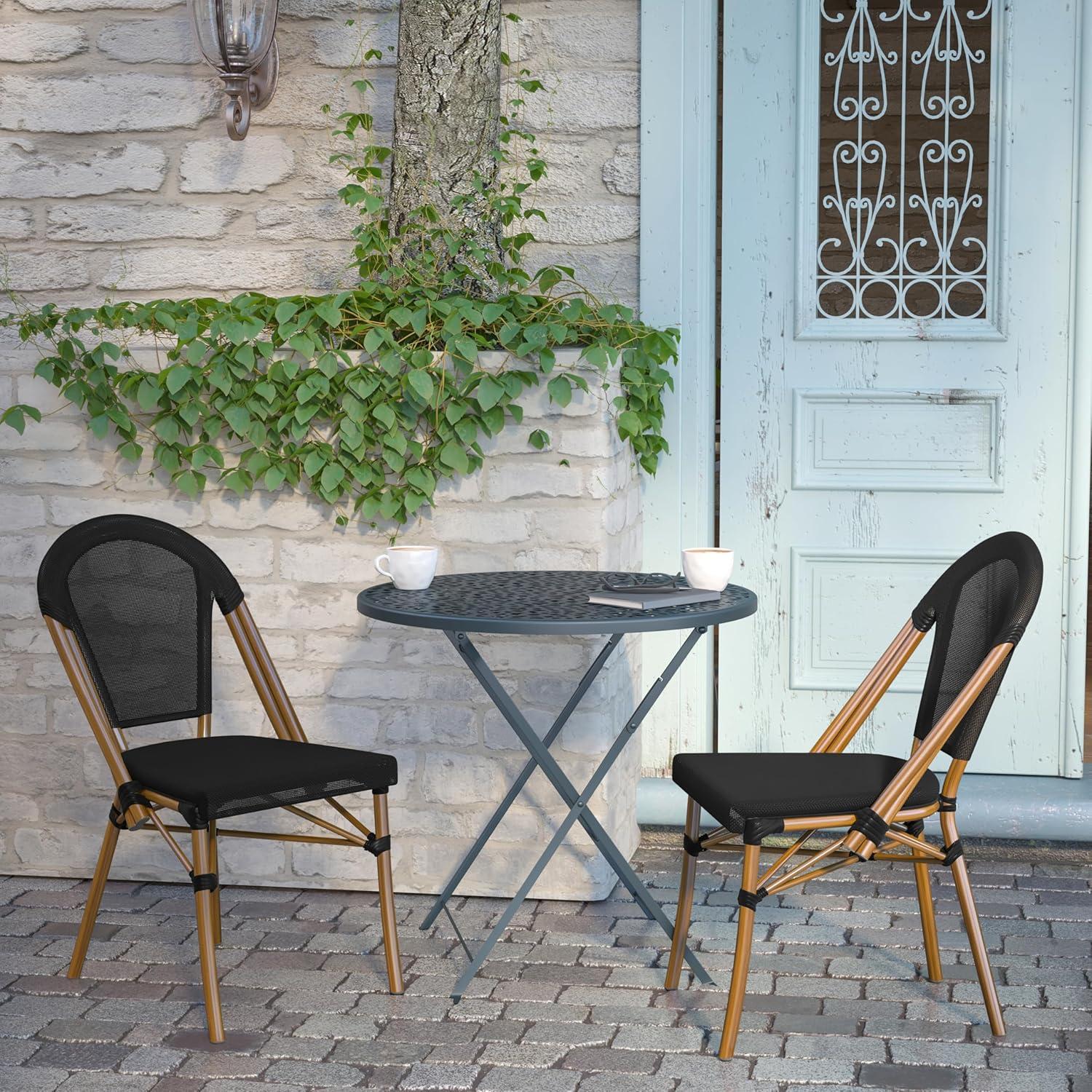 image:imageFlash Furniture Marseille 2 Pack IndoorOutdoor Commercial Bistro Stack Chairs BlackWhite Textilene Back amp Seat Light Natural Bamboo Print Aluminum FrameBlackNatural Frame