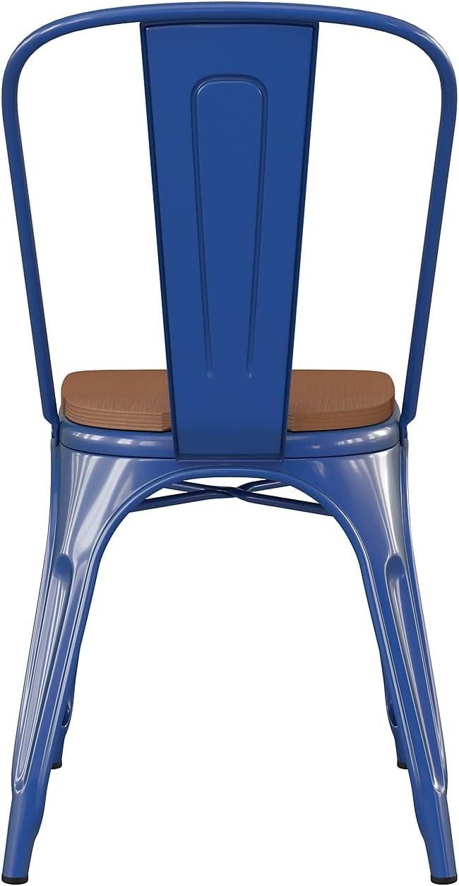 image:imageFlash Furniture Perry IndoorOutdoor Commercial Stackable Chair with Polystyrene Seat Blue Metal Frame Teak Poly Resin Seat Rounded Seat Edges for ComfortBlueTeak
