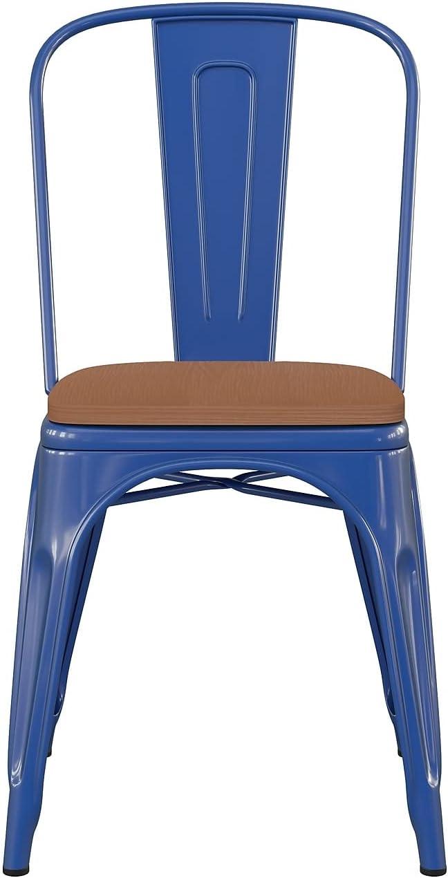 image:imageFlash Furniture Perry IndoorOutdoor Commercial Stackable Chair with Polystyrene Seat Blue Metal Frame Teak Poly Resin Seat Rounded Seat Edges for ComfortBlueTeak