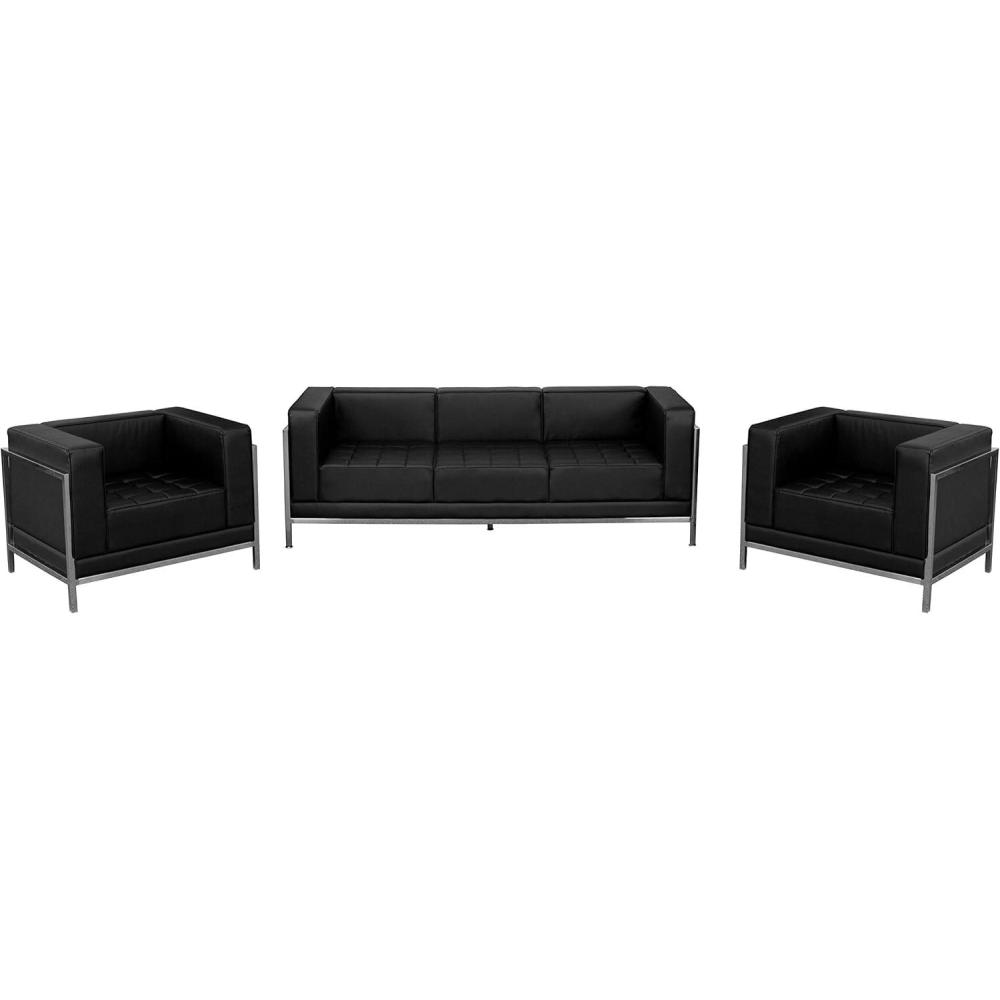 image:imageFlash Furniture HERCULES Imagination Series 3 Piece Black LeatherSoft Upholstered Sofa amp Chair Set with Stainless Steel Legs