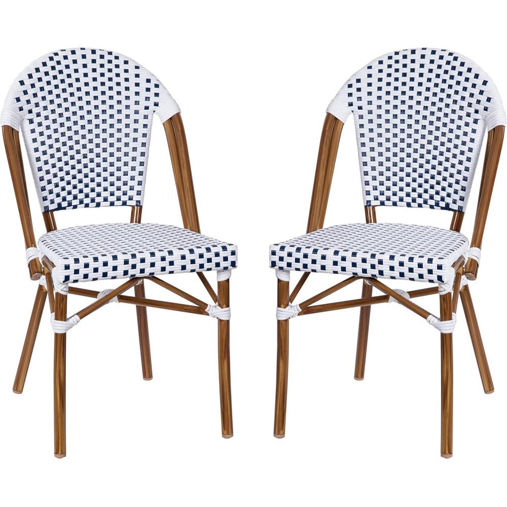image:imageFlash Furniture Lourdes Set of 2 IndoorOutdoor Commercial Bistro Stack Chairs WhiteGray PE Rattan Back and Seat Natural Bamboo Print Aluminum FrameWhite NavyNatural Frame