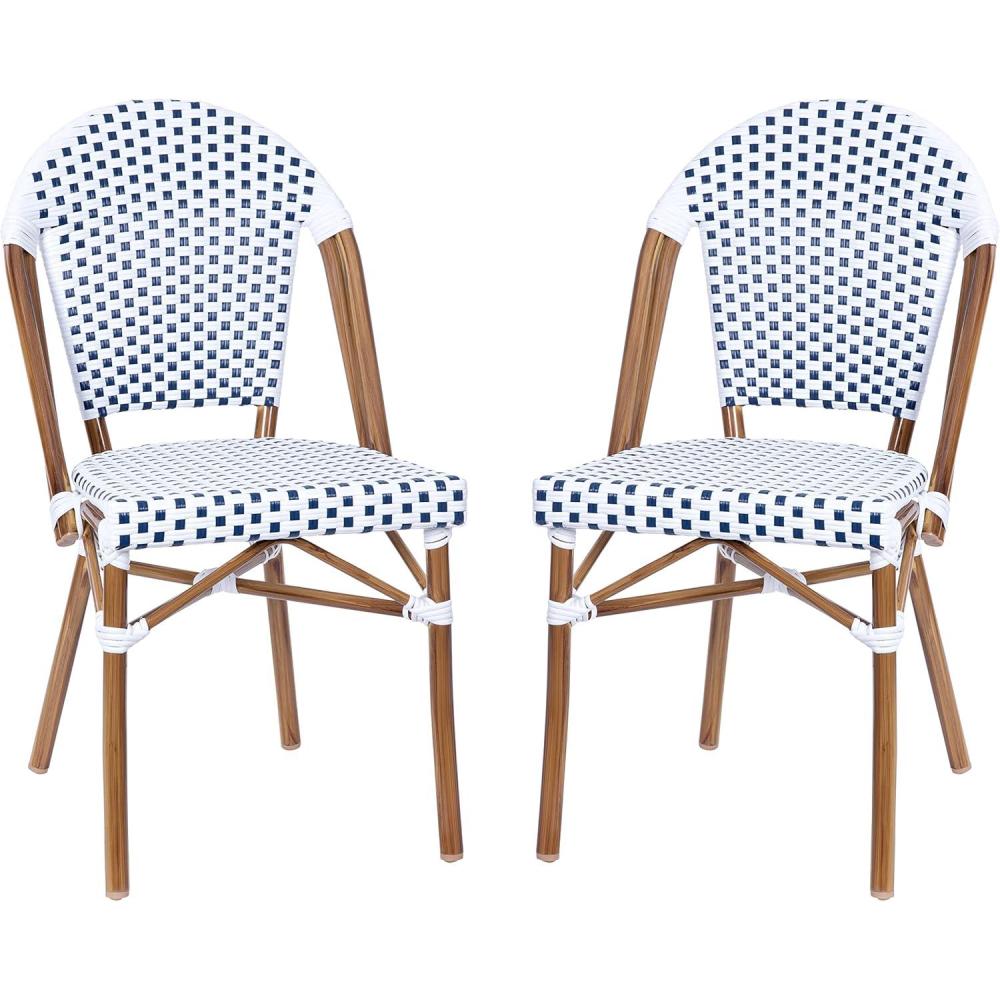 image:imageFlash Furniture Lourdes Set of 2 IndoorOutdoor Commercial Bistro Stack Chairs  WhiteGray PE Rattan Back and Seat  Natural Bamboo Print Aluminum FrameWhite  GrayNatural Frame