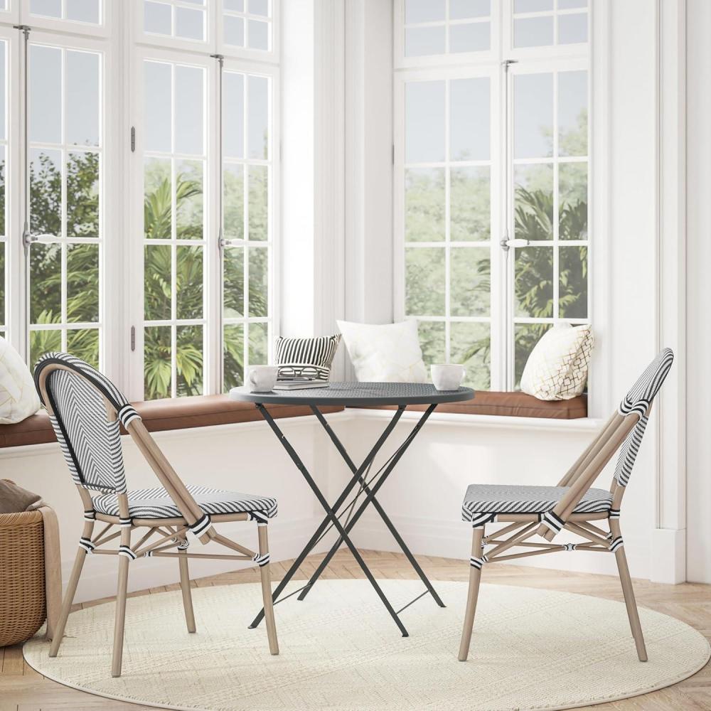 image:imageFlash Furniture Marseille 2 Pack IndoorOutdoor Commercial Bistro Stack Chairs BlackWhite Textilene Back amp Seat Light Natural Bamboo Print Aluminum FrameBlack WhiteLight Natural Frame