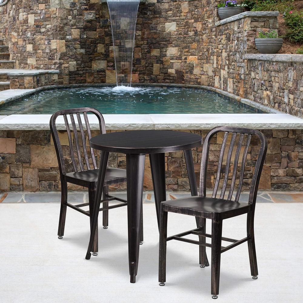 image:imageFlash Furniture Napoleon Commercial Grade 24 Round BlackAntique Gold Metal IndoorOutdoor Table Set with 2 Vertical Slat Back ChairsBlackantique Gold