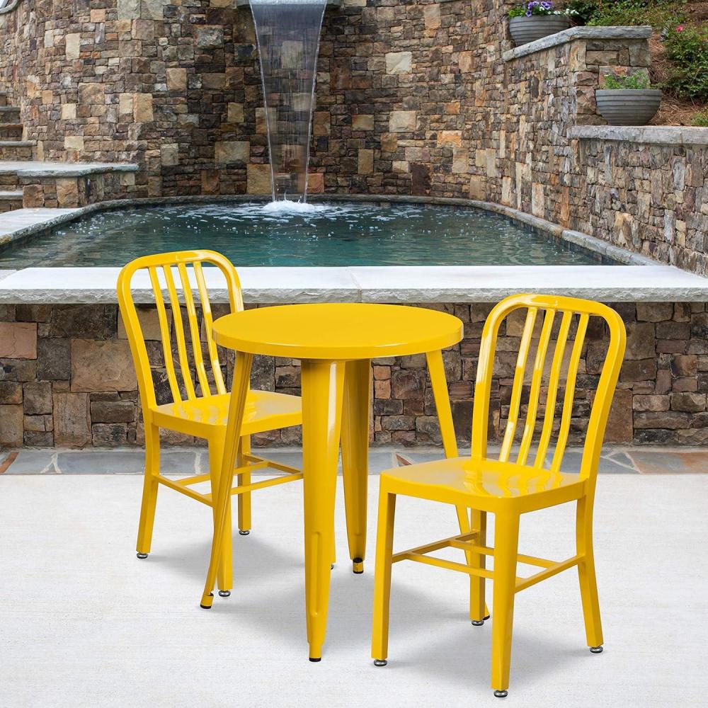image:imageFlash Furniture Napoleon Commercial Grade 24 Round BlackAntique Gold Metal IndoorOutdoor Table Set with 2 Vertical Slat Back ChairsYellow