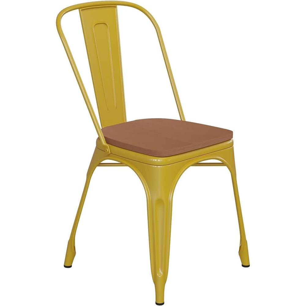 image:imageFlash Furniture Perry IndoorOutdoor Commercial Stackable Chair with Polystyrene Seat Blue Metal Frame Teak Poly Resin Seat Rounded Seat Edges for ComfortYellow