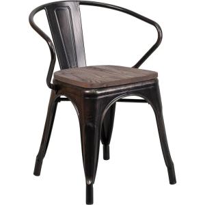 Flash Furniture Blue Metal Chair with Wood Seat and Arms(Black-antique Gold)