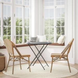 Flash Furniture Lourdes Set of 2 Indoor/Outdoor Commercial Bistro Stack Chairs – White/Gray PE Rattan Back and Seat – Natural Bamboo Print Aluminum Frame(Natural & White/Light Natural Frame)