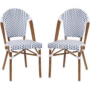 Flash Furniture Lourdes Set of 2 Indoor/Outdoor Commercial Bistro Stack Chairs – White/Gray PE Rattan Back and Seat – Natural Bamboo Print Aluminum Frame(White & Navy/Natural Frame)