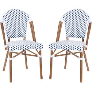 Flash Furniture Lourdes Set of 2 Indoor/Outdoor Commercial Bistro Stack Chairs – White/Gray PE Rattan Back and Seat – Natural Bamboo Print Aluminum Frame(White & Gray/Natural Frame)