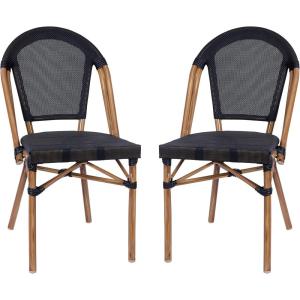 Flash Furniture Marseille 2 Pack Indoor/Outdoor Commercial Bistro Stack Chairs – Black/White Textilene Back & Seat – Light Natural Bamboo Print Aluminum Frame(Black/Natural Frame)