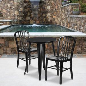 Flash Furniture Napoleon Commercial Grade 24″ Round Black-Antique Gold Metal Indoor-Outdoor Table Set with 2 Vertical Slat Back Chairs(Black)