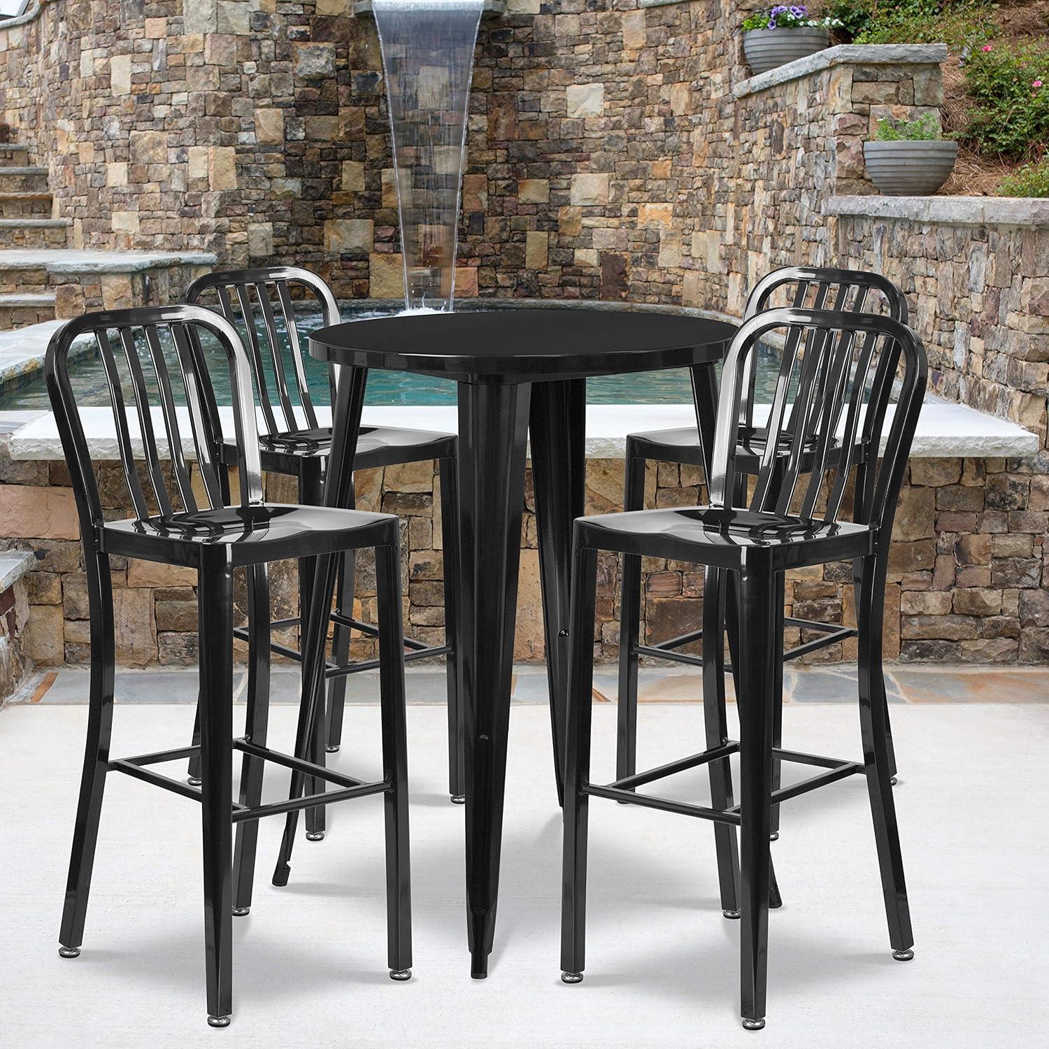image:imageFlash Furniture Commercial Grade 30 Round Black Metal IndoorOutdoor Bar Table Set with 4 Vertical Slat Back StoolsBlack