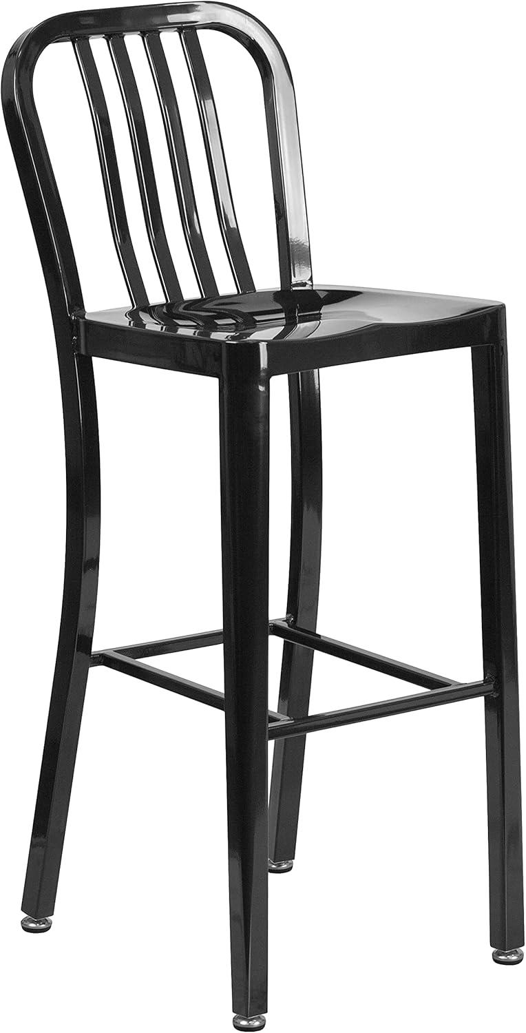 image:imageFlash Furniture Commercial Grade 30 Round Black Metal IndoorOutdoor Bar Table Set with 4 Vertical Slat Back StoolsBlack