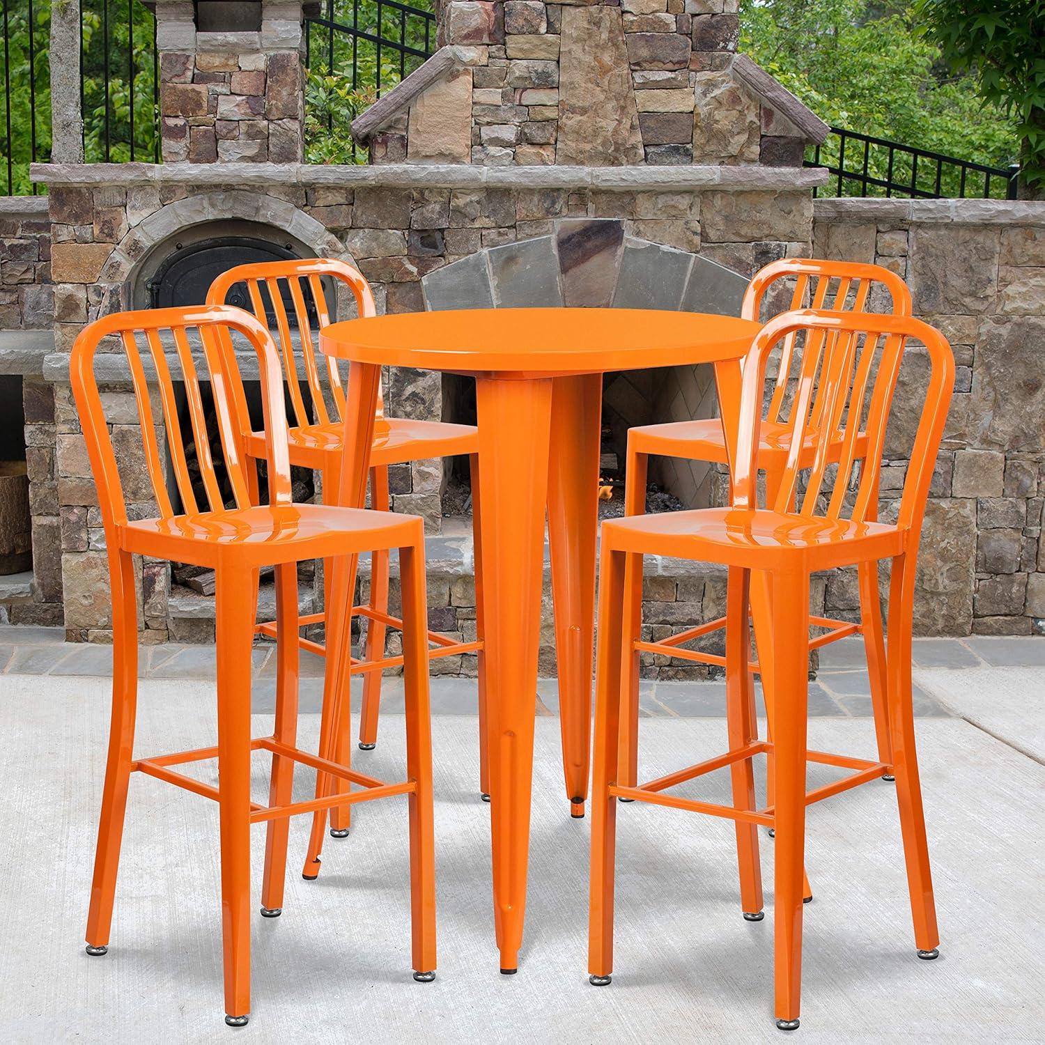 image:imageFlash Furniture Commercial Grade 30 Round Black Metal IndoorOutdoor Bar Table Set with 4 Vertical Slat Back StoolsOrange