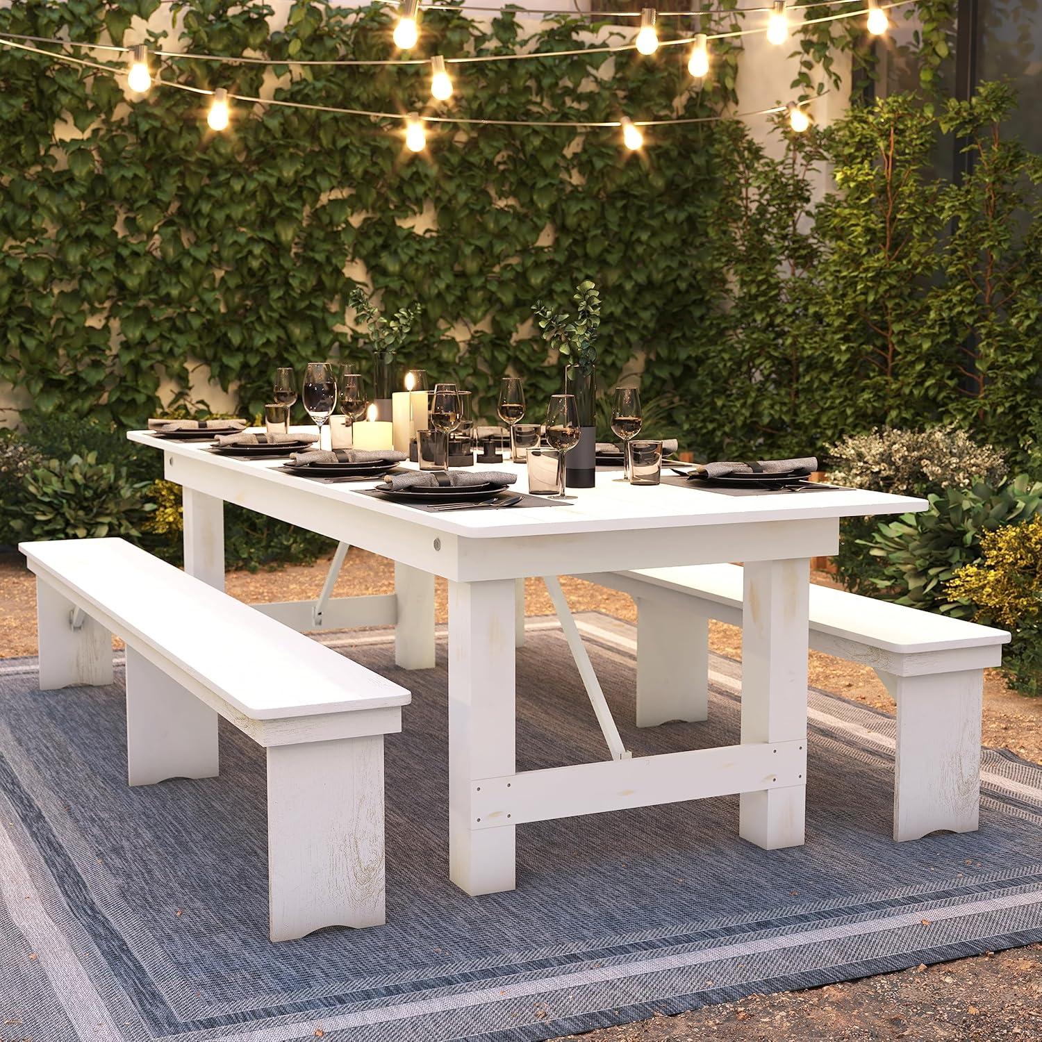 image:imageFlash Furniture Hercules Commercial Grade Farmhouse Dining Table Solid Pine Foldable Table for 10 in Antique Rustic White Rustic Charm for Home and Events