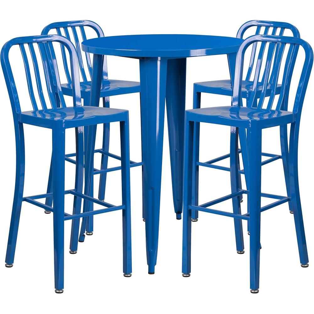 image:imageFlash Furniture Commercial Grade 30 Round Black Metal IndoorOutdoor Bar Table Set with 4 Vertical Slat Back StoolsBlue